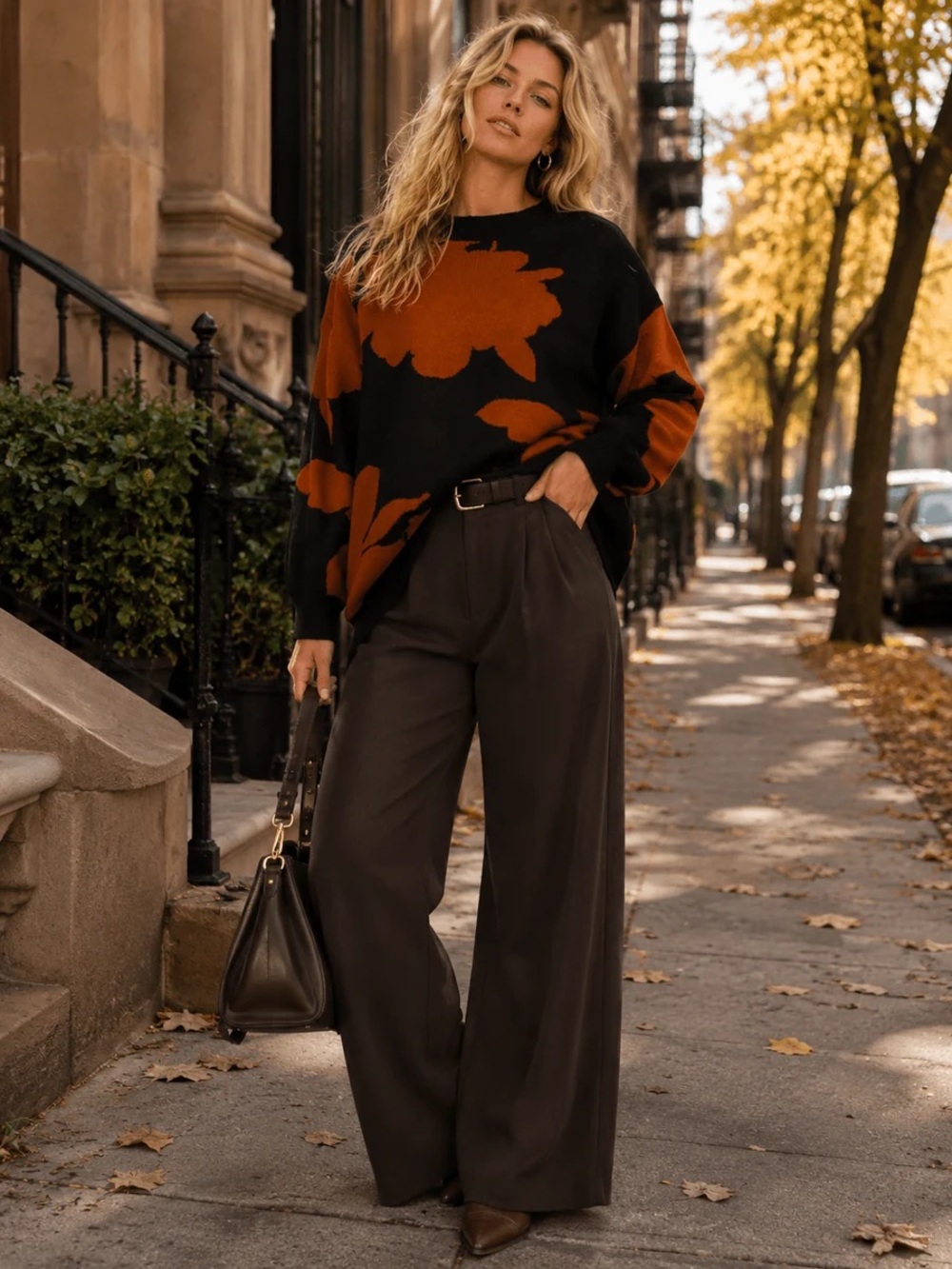 WOMEN'S LONG SLEEVE HIGH-LOW OVERSIZED FLORAL PULLOVER SWEATER